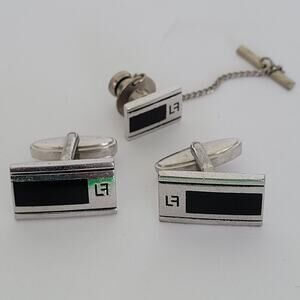 Louis Feraud LF Tie Pin Clip Cufflinks Set Silver Black Tone Designer Rectangle